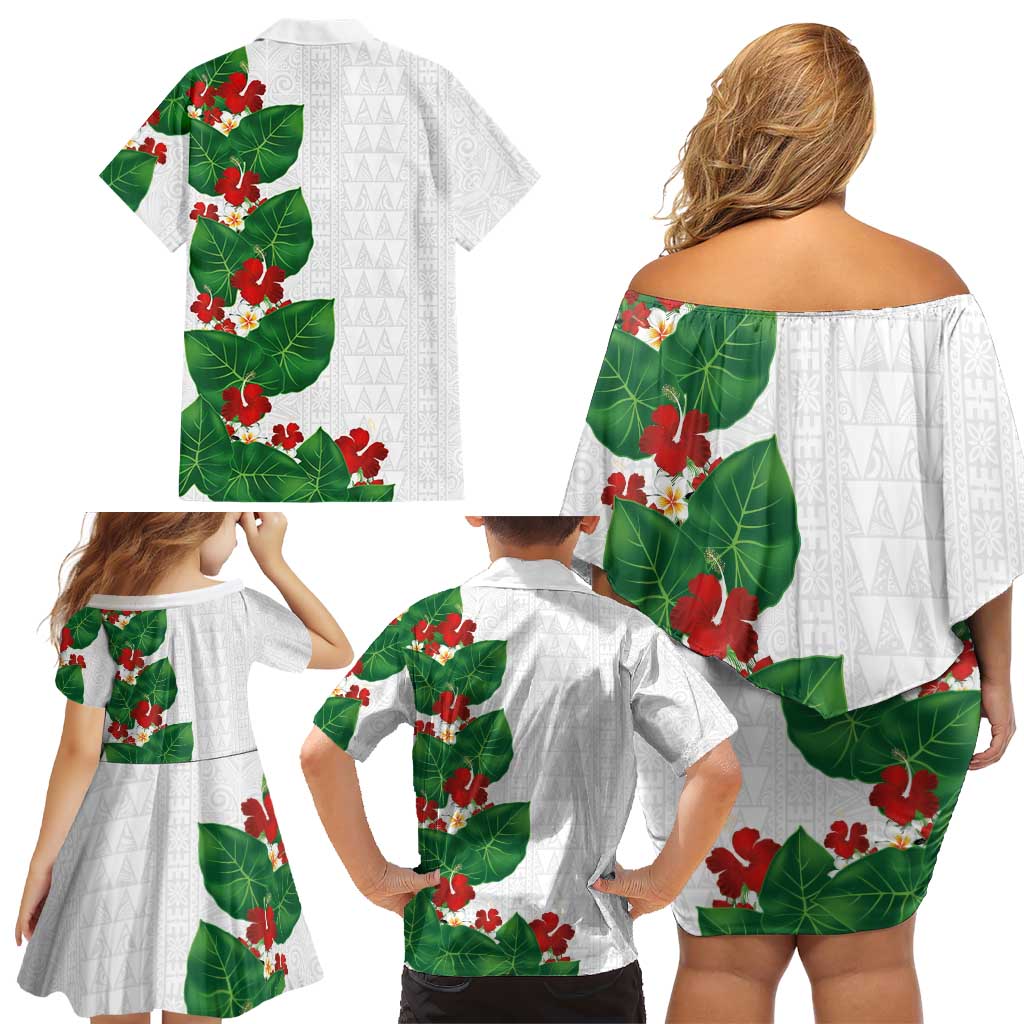 Hawaiian Taro Leaves-Hibiscus and Plumeria Family Matching Off Shoulder Short Dress and Hawaiian Shirt Polynesian Art-Kakau Tattoo White LT03 - Polynesian Pride