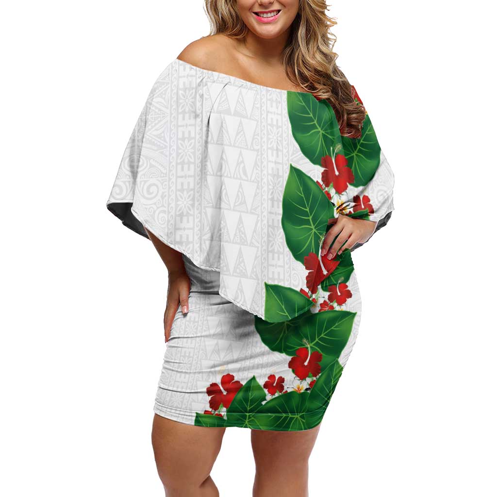 Hawaiian Taro Leaves-Hibiscus and Plumeria Family Matching Off Shoulder Short Dress and Hawaiian Shirt Polynesian Art-Kakau Tattoo White LT03 Mom's Dress White - Polynesian Pride