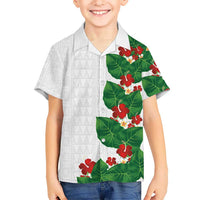 Hawaiian Taro Leaves-Hibiscus and Plumeria Family Matching Puletasi and Hawaiian Shirt Polynesian Art-Kakau Tattoo White LT03 Son's Shirt White - Polynesian Pride