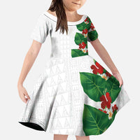 Hawaiian Taro Leaves-Hibiscus and Plumeria Family Matching Summer Maxi Dress and Hawaiian Shirt Polynesian Art-Kakau Tattoo White LT03 Daughter's Dress White - Polynesian Pride