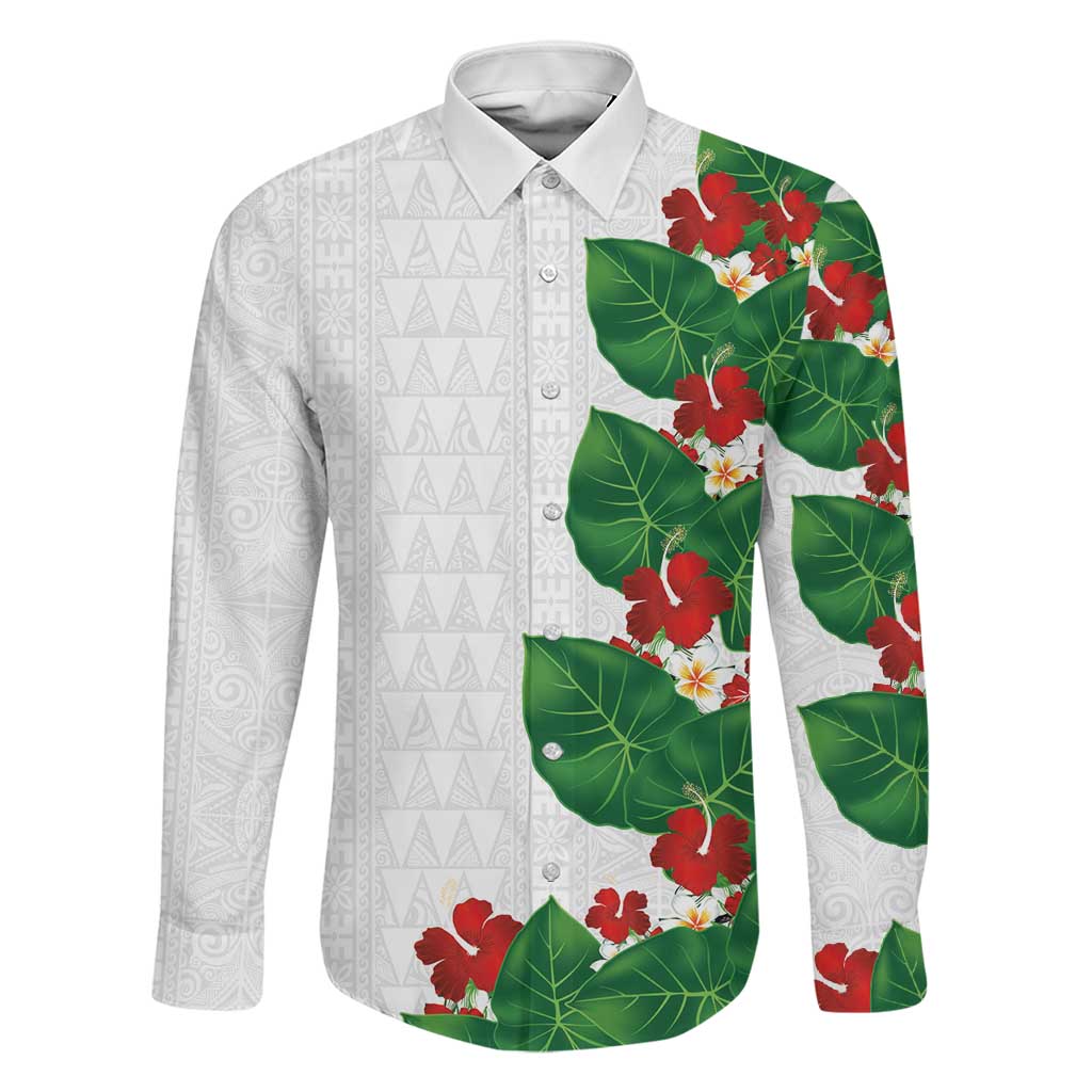 Hawaiian Taro Leaves-Hibiscus and Plumeria Family Matching Summer Maxi Dress and Hawaiian Shirt Polynesian Art-Kakau Tattoo White LT03 Dad's Shirt - Long Sleeve White - Polynesian Pride