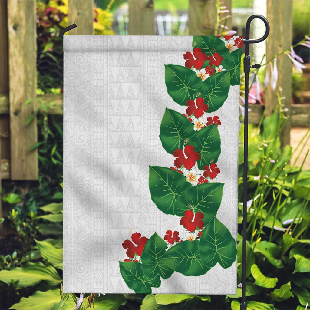 Hawaiian Taro Leaves-Hibiscus and Plumeria Garden Flag Polynesian Art-Kakau Tattoo White LT03 Garden Flag White - Polynesian Pride