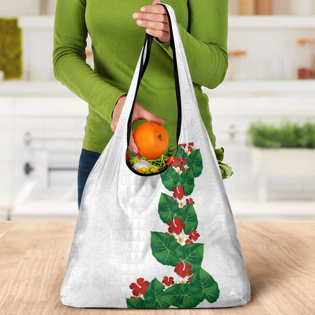 Hawaiian Taro Leaves-Hibiscus and Plumeria Grocery Bag Polynesian Art-Kakau Tattoo White LT03 - Polynesian Pride