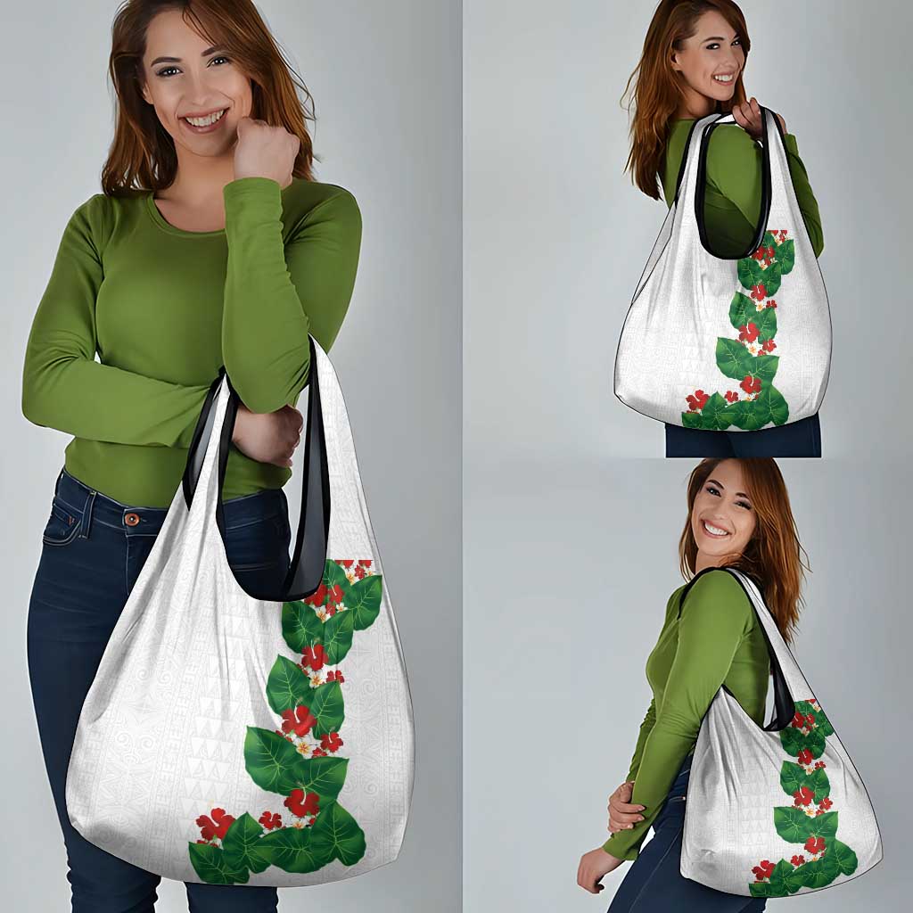 Hawaiian Taro Leaves-Hibiscus and Plumeria Grocery Bag Polynesian Art-Kakau Tattoo White LT03 - Polynesian Pride