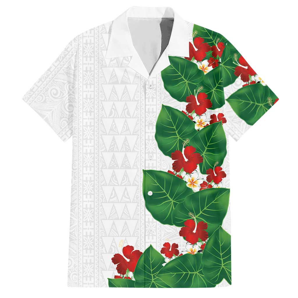 Hawaiian Taro Leaves-Hibiscus and Plumeria Hawaiian Shirt Polynesian Art-Kakau Tattoo White LT03 White - Polynesian Pride