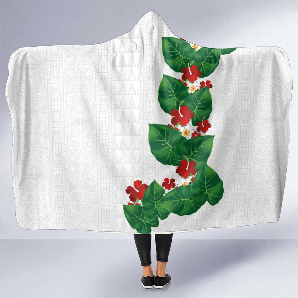 Hawaiian Taro Leaves-Hibiscus and Plumeria Hooded Blanket Polynesian Art-Kakau Tattoo White