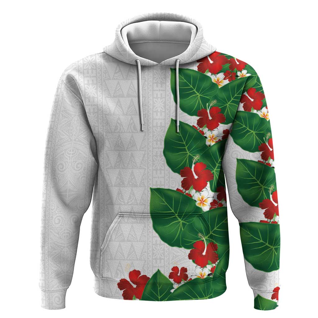 Hawaiian Taro Leaves-Hibiscus and Plumeria Hoodie Polynesian Art-Kakau Tattoo White LT03 Pullover Hoodie White - Polynesian Pride