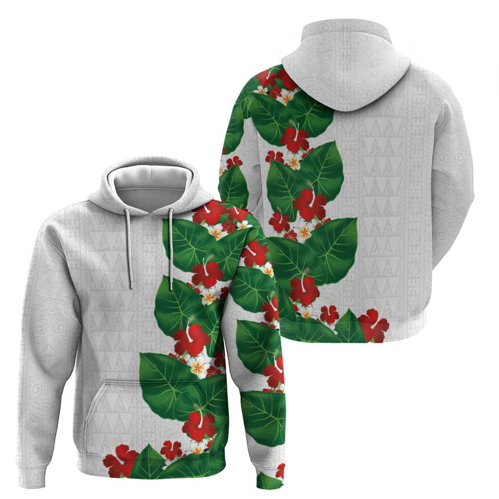 Hawaiian Taro Leaves-Hibiscus and Plumeria Hoodie Polynesian Art-Kakau Tattoo White LT03 - Polynesian Pride