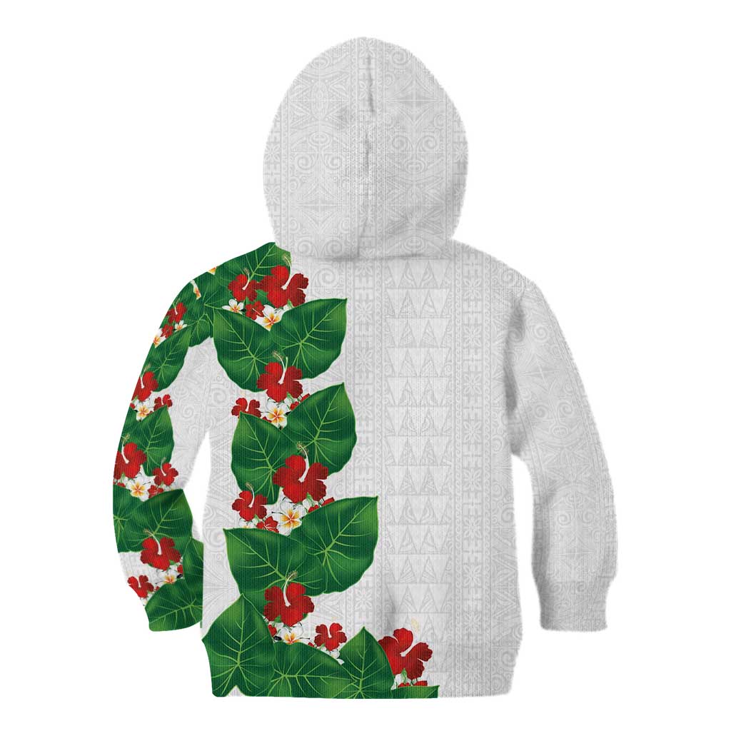 Hawaiian Taro Leaves-Hibiscus and Plumeria Kid Hoodie Polynesian Art-Kakau Tattoo White LT03 - Polynesian Pride