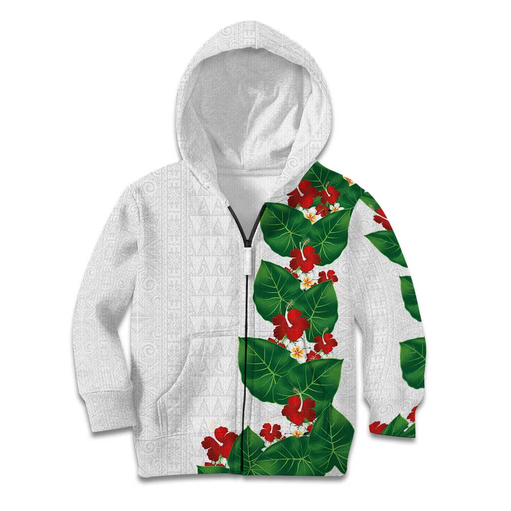 Hawaiian Taro Leaves-Hibiscus and Plumeria Kid Hoodie Polynesian Art-Kakau Tattoo White LT03 Zip Hoodie White - Polynesian Pride