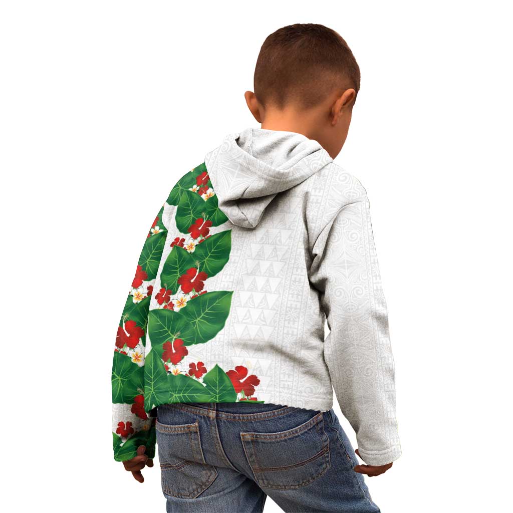 Hawaiian Taro Leaves-Hibiscus and Plumeria Kid Hoodie Polynesian Art-Kakau Tattoo White LT03 - Polynesian Pride