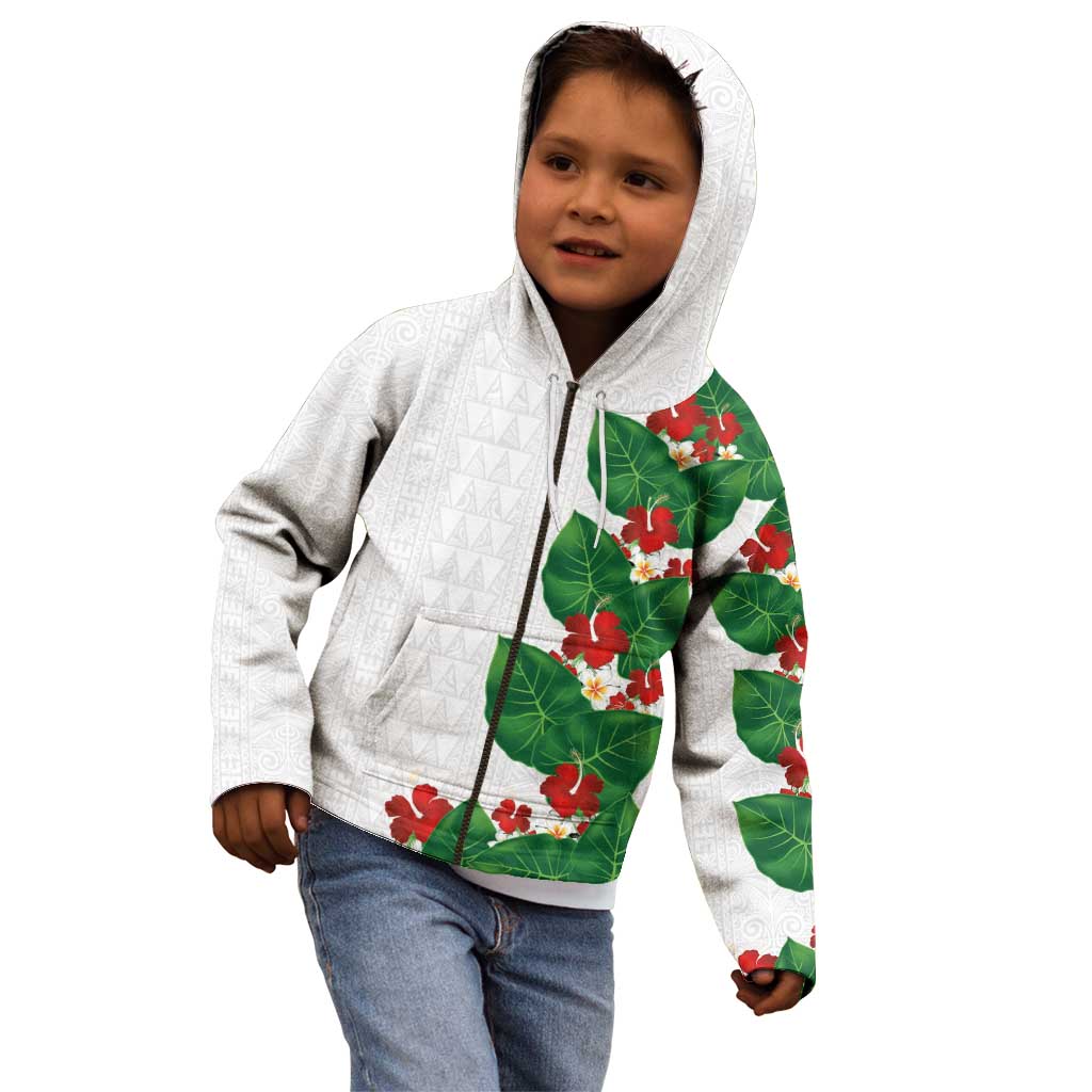 Hawaiian Taro Leaves-Hibiscus and Plumeria Kid Hoodie Polynesian Art-Kakau Tattoo White LT03 - Polynesian Pride