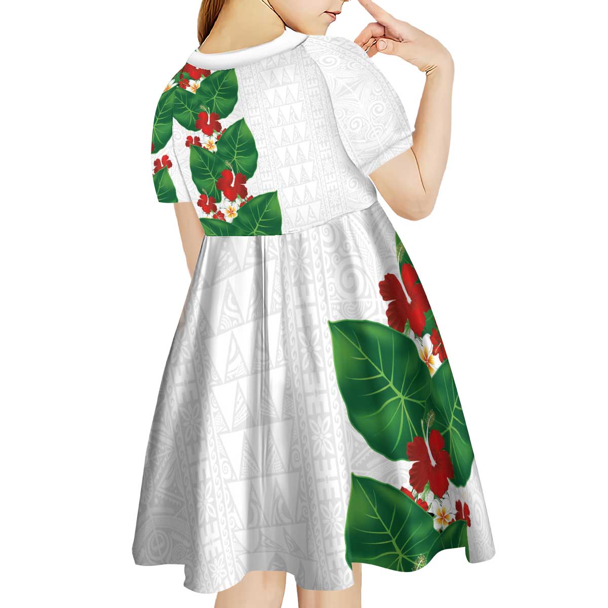 Hawaiian Taro Leaves-Hibiscus and Plumeria Kid Short Sleeve Dress Polynesian Art-Kakau Tattoo White LT03 - Polynesian Pride