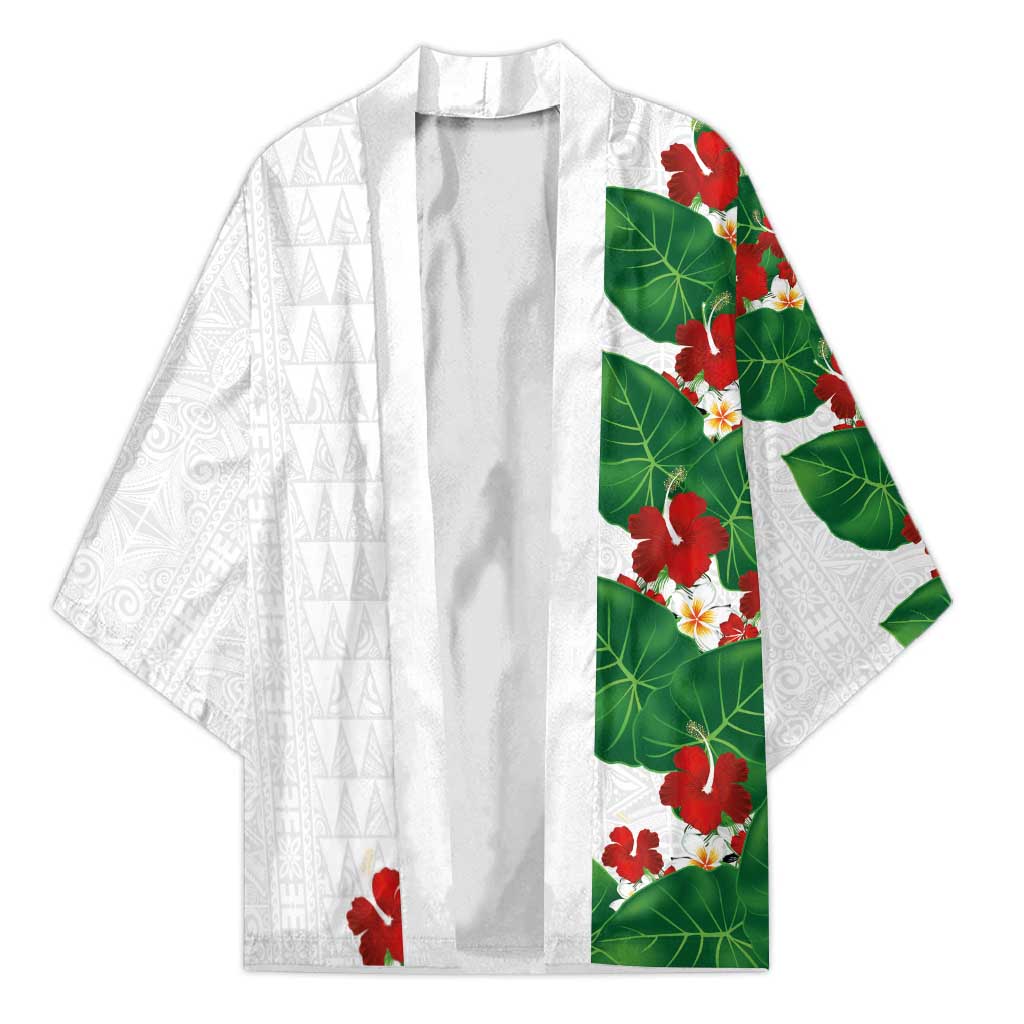 Hawaiian Taro Leaves-Hibiscus and Plumeria Kimono Polynesian Art-Kakau Tattoo White LT03 Unisex White - Polynesian Pride