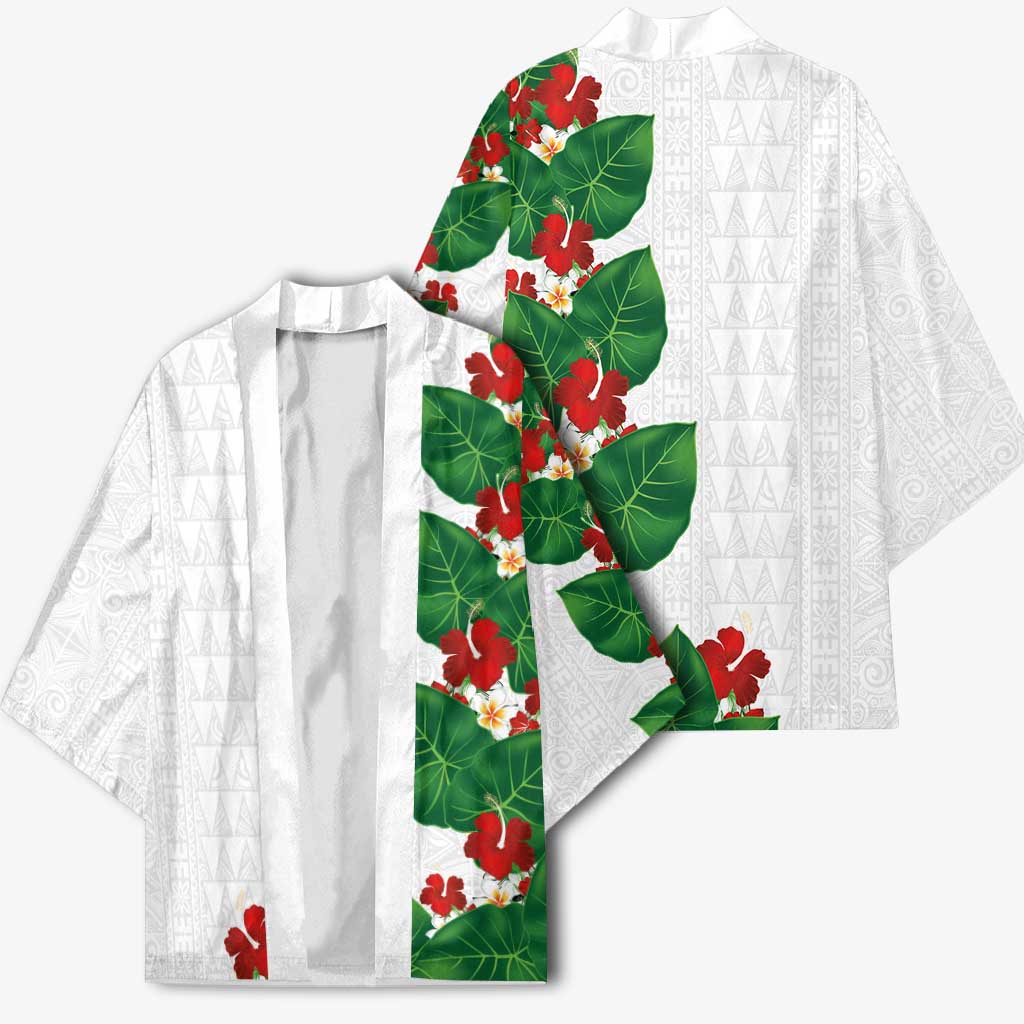 Hawaiian Taro Leaves-Hibiscus and Plumeria Kimono Polynesian Art-Kakau Tattoo White LT03 - Polynesian Pride