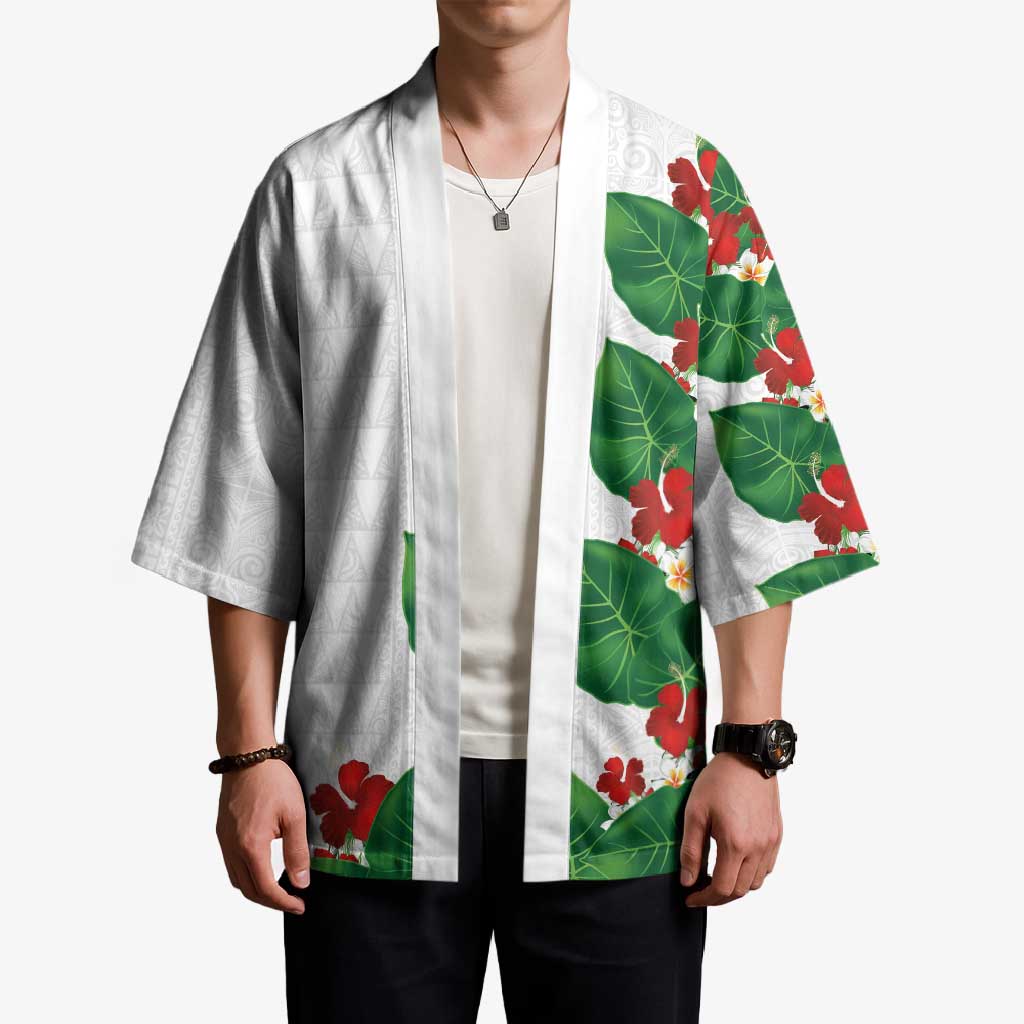 Hawaiian Taro Leaves-Hibiscus and Plumeria Kimono Polynesian Art-Kakau Tattoo White LT03 - Polynesian Pride