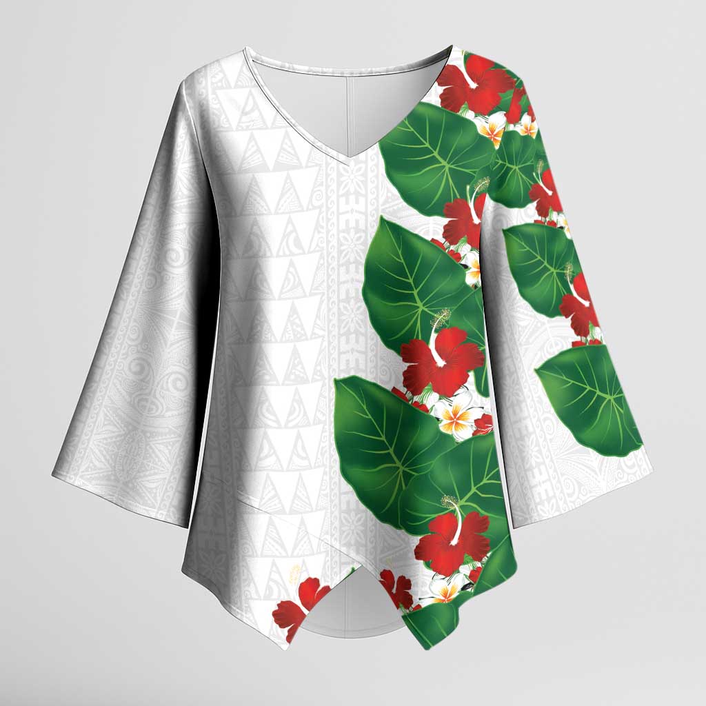 Hawaiian Taro Leaves-Hibiscus and Plumeria Kimono Sleeve Blouse Polynesian Art-Kakau Tattoo White LT03 Female White - Polynesian Pride