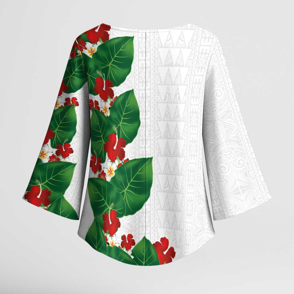 Hawaiian Taro Leaves-Hibiscus and Plumeria Kimono Sleeve Blouse Polynesian Art-Kakau Tattoo White LT03 - Polynesian Pride