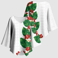 Hawaiian Taro Leaves-Hibiscus and Plumeria Kimono Sleeve Blouse Polynesian Art-Kakau Tattoo White LT03 - Polynesian Pride
