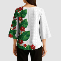 Hawaiian Taro Leaves-Hibiscus and Plumeria Kimono Sleeve Blouse Polynesian Art-Kakau Tattoo White LT03 - Polynesian Pride