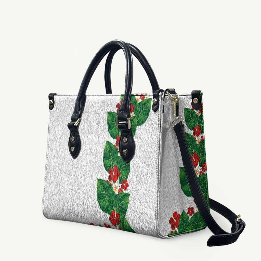 Hawaiian Taro Leaves-Hibiscus and Plumeria Leather Bag Polynesian Art-Kakau Tattoo White LT03 White - Polynesian Pride