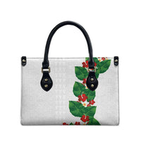 Hawaiian Taro Leaves-Hibiscus and Plumeria Leather Bag Polynesian Art-Kakau Tattoo White LT03 - Polynesian Pride