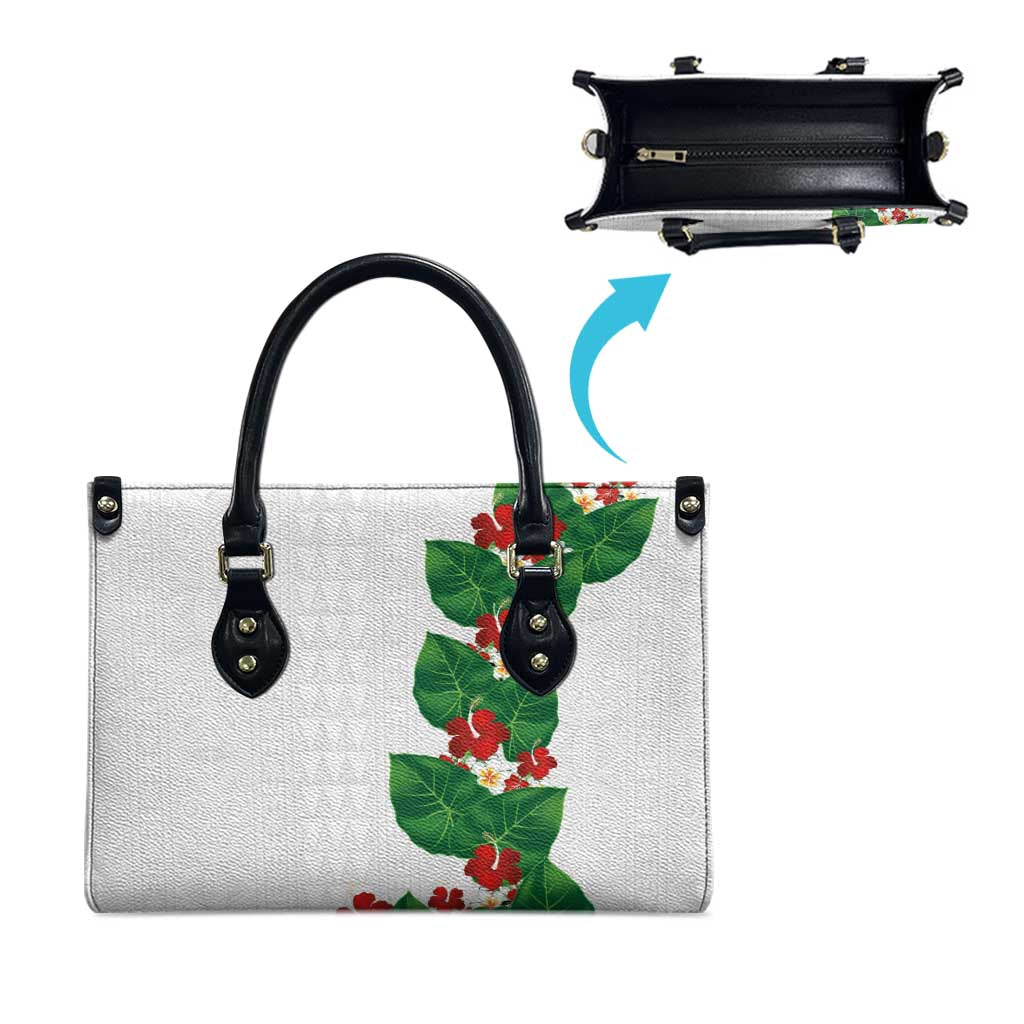 Hawaiian Taro Leaves-Hibiscus and Plumeria Leather Bag Polynesian Art-Kakau Tattoo White LT03 - Polynesian Pride
