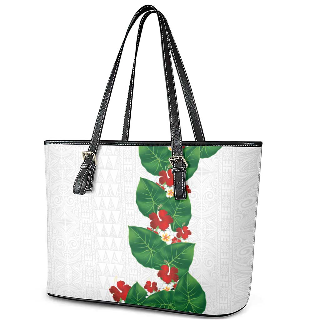 Hawaiian Taro Leaves-Hibiscus and Plumeria Leather Tote Bag Polynesian Art-Kakau Tattoo White LT03 - Polynesian Pride