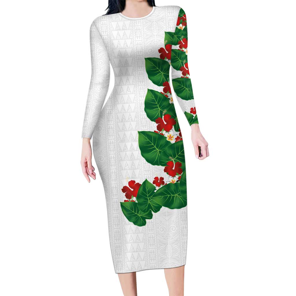 Hawaiian Taro Leaves-Hibiscus and Plumeria Long Sleeve Bodycon Dress Polynesian Art-Kakau Tattoo White LT03 Long Dress White - Polynesian Pride