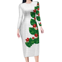 Hawaiian Taro Leaves-Hibiscus and Plumeria Long Sleeve Bodycon Dress Polynesian Art-Kakau Tattoo White LT03 Long Dress White - Polynesian Pride