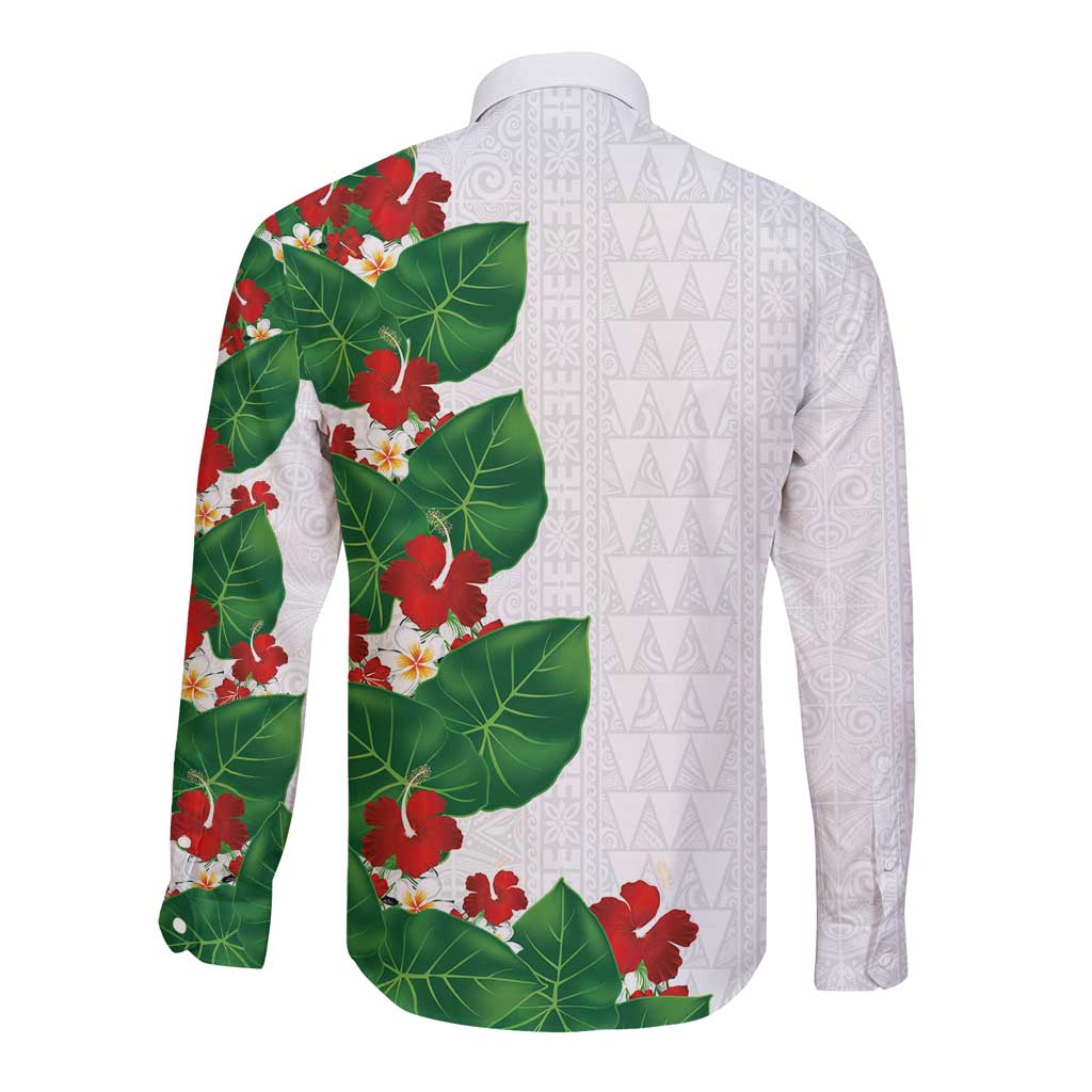 Hawaiian Taro Leaves-Hibiscus and Plumeria Long Sleeve Button Shirt Polynesian Art-Kakau Tattoo White LT03 - Polynesian Pride
