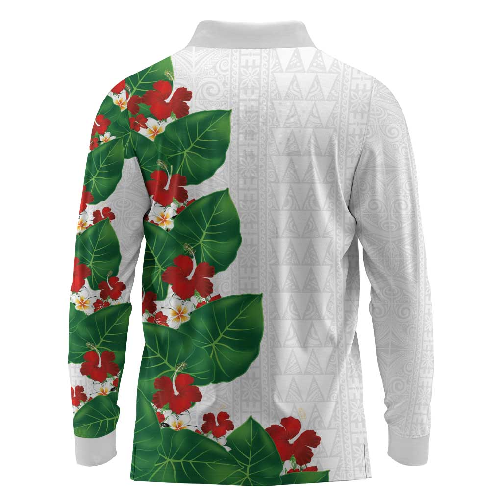 Hawaiian Taro Leaves-Hibiscus and Plumeria Long Sleeve Polo Shirt Polynesian Art-Kakau Tattoo White LT03 - Polynesian Pride