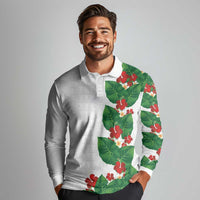 Hawaiian Taro Leaves-Hibiscus and Plumeria Long Sleeve Polo Shirt Polynesian Art-Kakau Tattoo White LT03 - Polynesian Pride