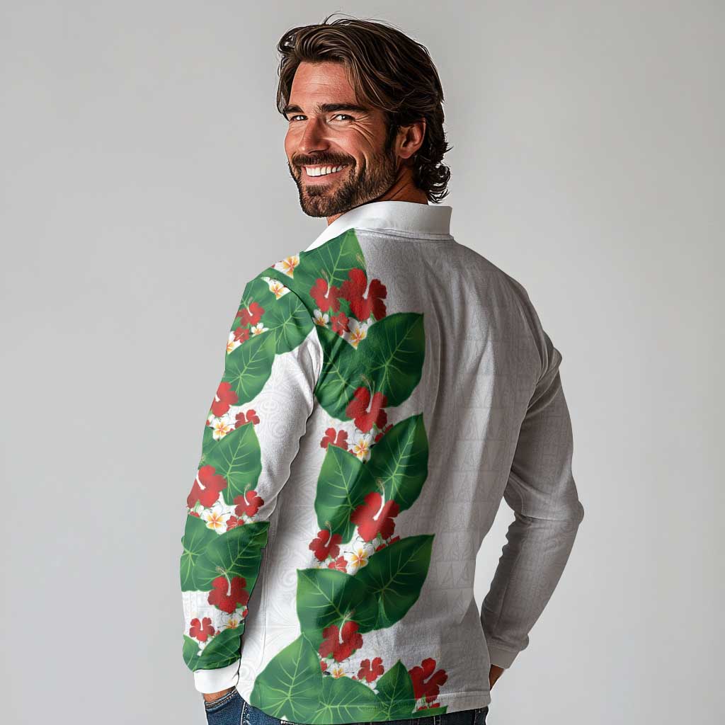Hawaiian Taro Leaves-Hibiscus and Plumeria Long Sleeve Polo Shirt Polynesian Art-Kakau Tattoo White LT03 - Polynesian Pride