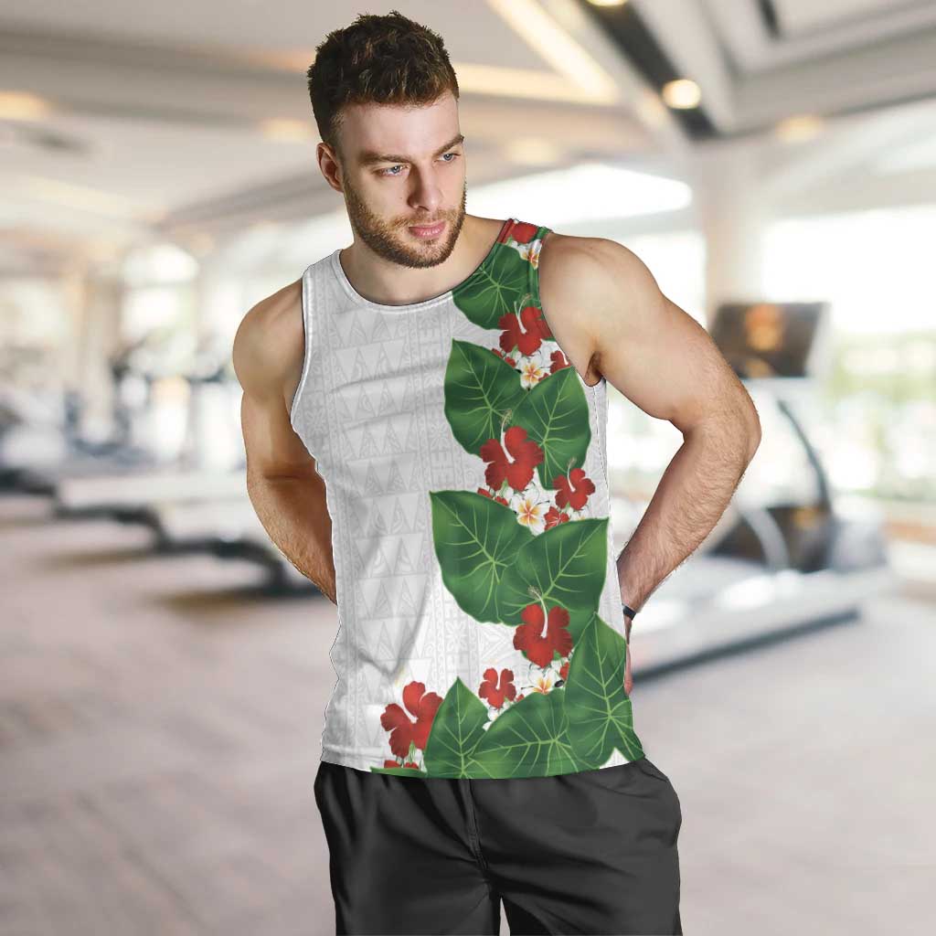 Hawaiian Taro Leaves-Hibiscus and Plumeria Men Tank Top Polynesian Art-Kakau Tattoo White LT03 White - Polynesian Pride