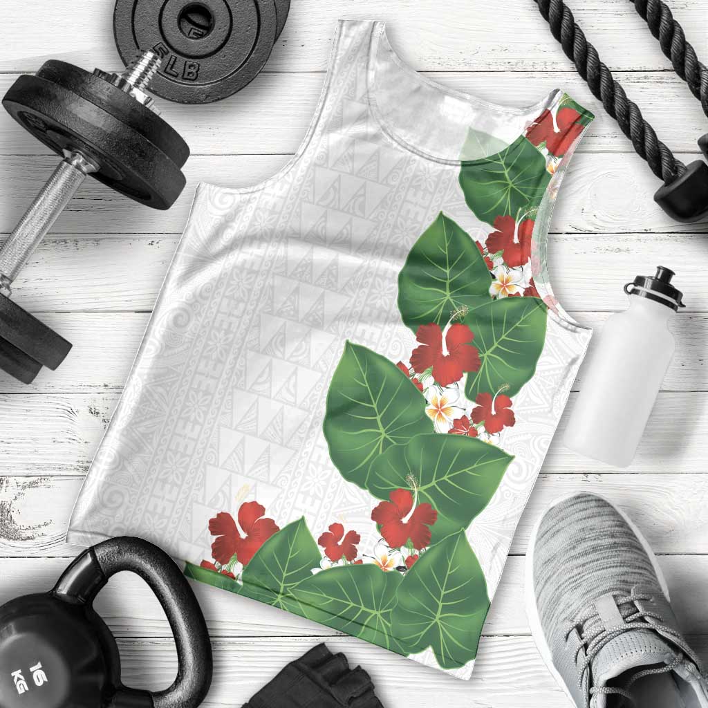 Hawaiian Taro Leaves-Hibiscus and Plumeria Men Tank Top Polynesian Art-Kakau Tattoo White LT03 - Polynesian Pride