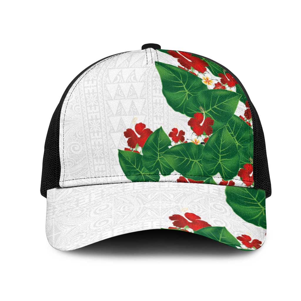 Hawaiian Taro Leaves-Hibiscus and Plumeria Mesh Trucker Cap Polynesian Art-Kakau Tattoo White LT03 One Size Black White - Polynesian Pride