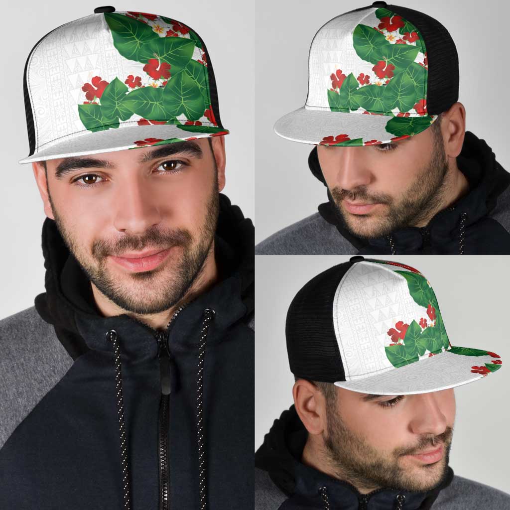 Hawaiian Taro Leaves-Hibiscus and Plumeria Mesh Trucker Cap Polynesian Art-Kakau Tattoo White LT03 - Polynesian Pride
