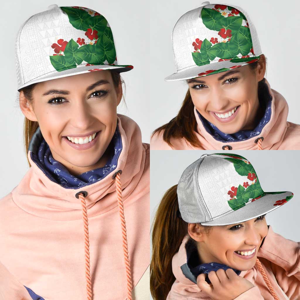 Hawaiian Taro Leaves-Hibiscus and Plumeria Mesh Trucker Cap Polynesian Art-Kakau Tattoo White LT03 - Polynesian Pride