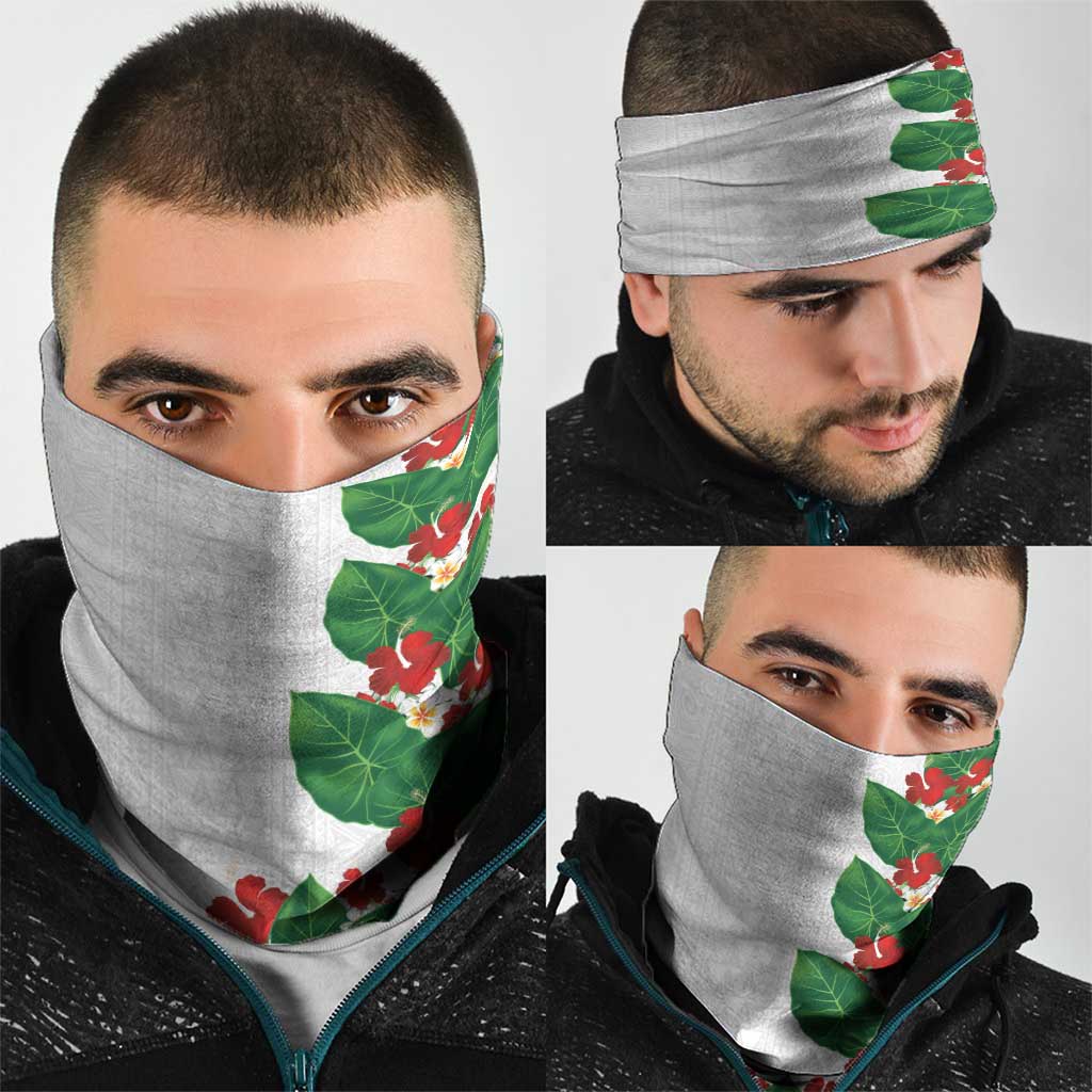 Hawaiian Taro Leaves-Hibiscus and Plumeria Neck Gaiter Polynesian Art-Kakau Tattoo White LT03 - Polynesian Pride