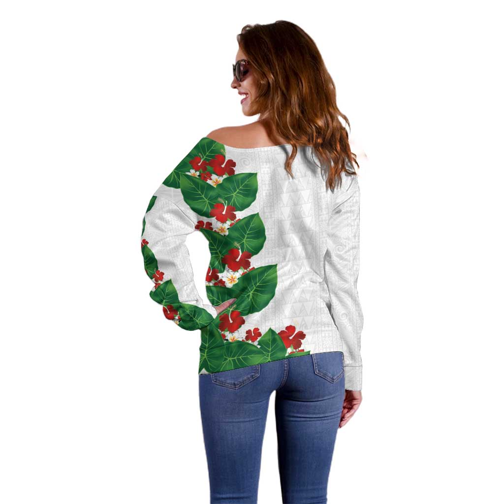 Hawaiian Taro Leaves-Hibiscus and Plumeria Off Shoulder Sweater Polynesian Art-Kakau Tattoo White LT03 - Polynesian Pride