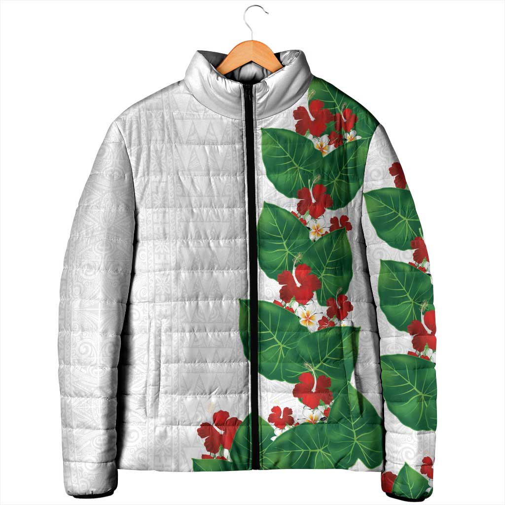 Hawaiian Taro Leaves-Hibiscus and Plumeria Padded Jacket Polynesian Art-Kakau Tattoo White LT03 - Polynesian Pride