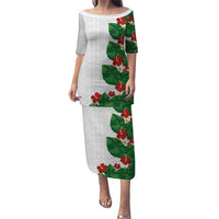 Hawaiian Taro Leaves-Hibiscus and Plumeria Puletasi Polynesian Art-Kakau Tattoo White LT03 Long Dress White - Polynesian Pride