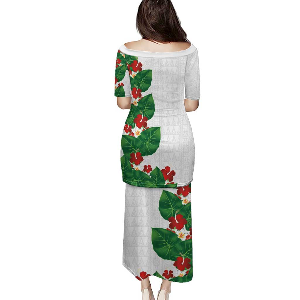 Hawaiian Taro Leaves-Hibiscus and Plumeria Puletasi Polynesian Art-Kakau Tattoo White LT03 - Polynesian Pride