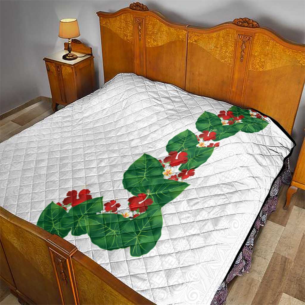 Hawaiian Taro Leaves-Hibiscus and Plumeria Quilt Polynesian Art-Kakau Tattoo White LT03 - Polynesian Pride