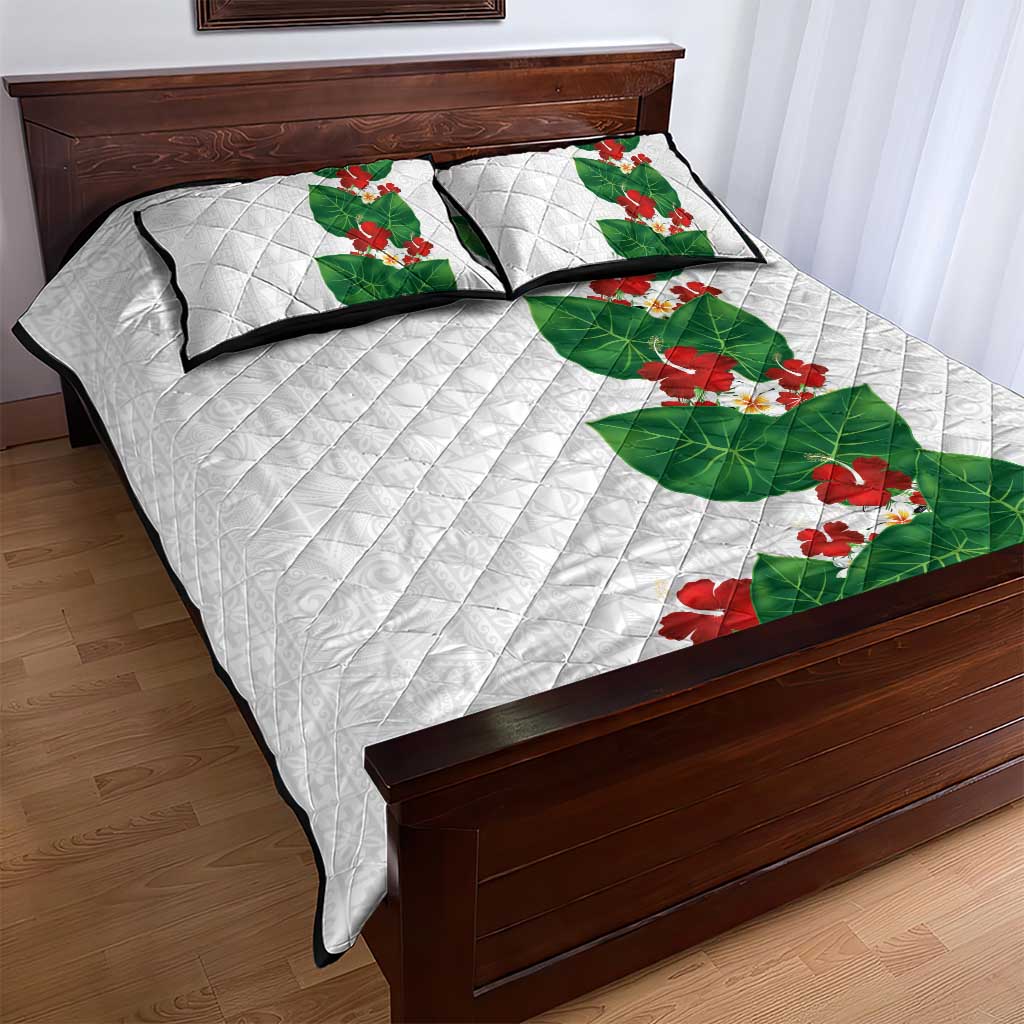 Hawaiian Taro Leaves-Hibiscus and Plumeria Quilt Bed Set Polynesian Art-Kakau Tattoo White LT03 - Polynesian Pride