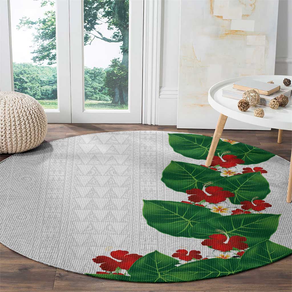 Hawaiian Taro Leaves-Hibiscus and Plumeria Round Carpet Polynesian Art-Kakau Tattoo White LT03 - Polynesian Pride