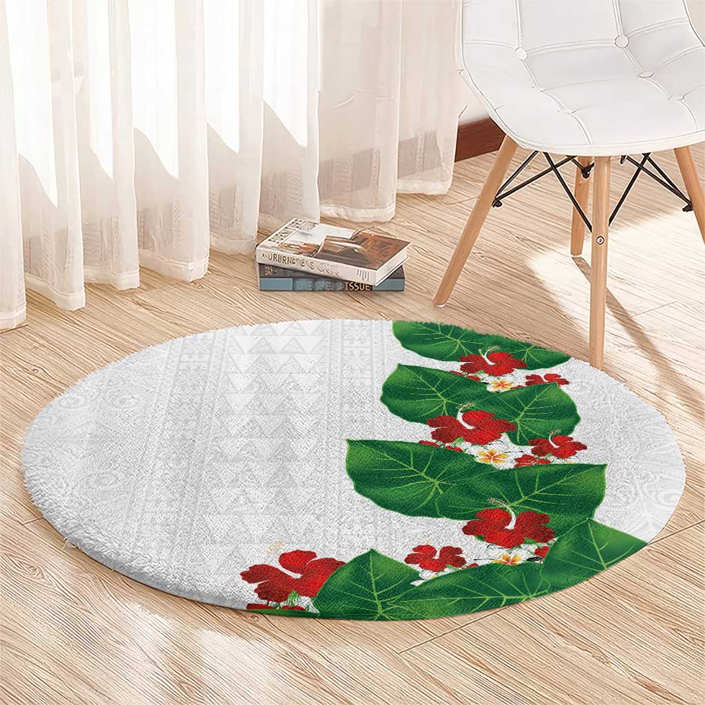 Hawaiian Taro Leaves-Hibiscus and Plumeria Round Carpet Polynesian Art-Kakau Tattoo White LT03 - Polynesian Pride