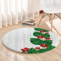Hawaiian Taro Leaves-Hibiscus and Plumeria Round Carpet Polynesian Art-Kakau Tattoo White LT03 - Polynesian Pride