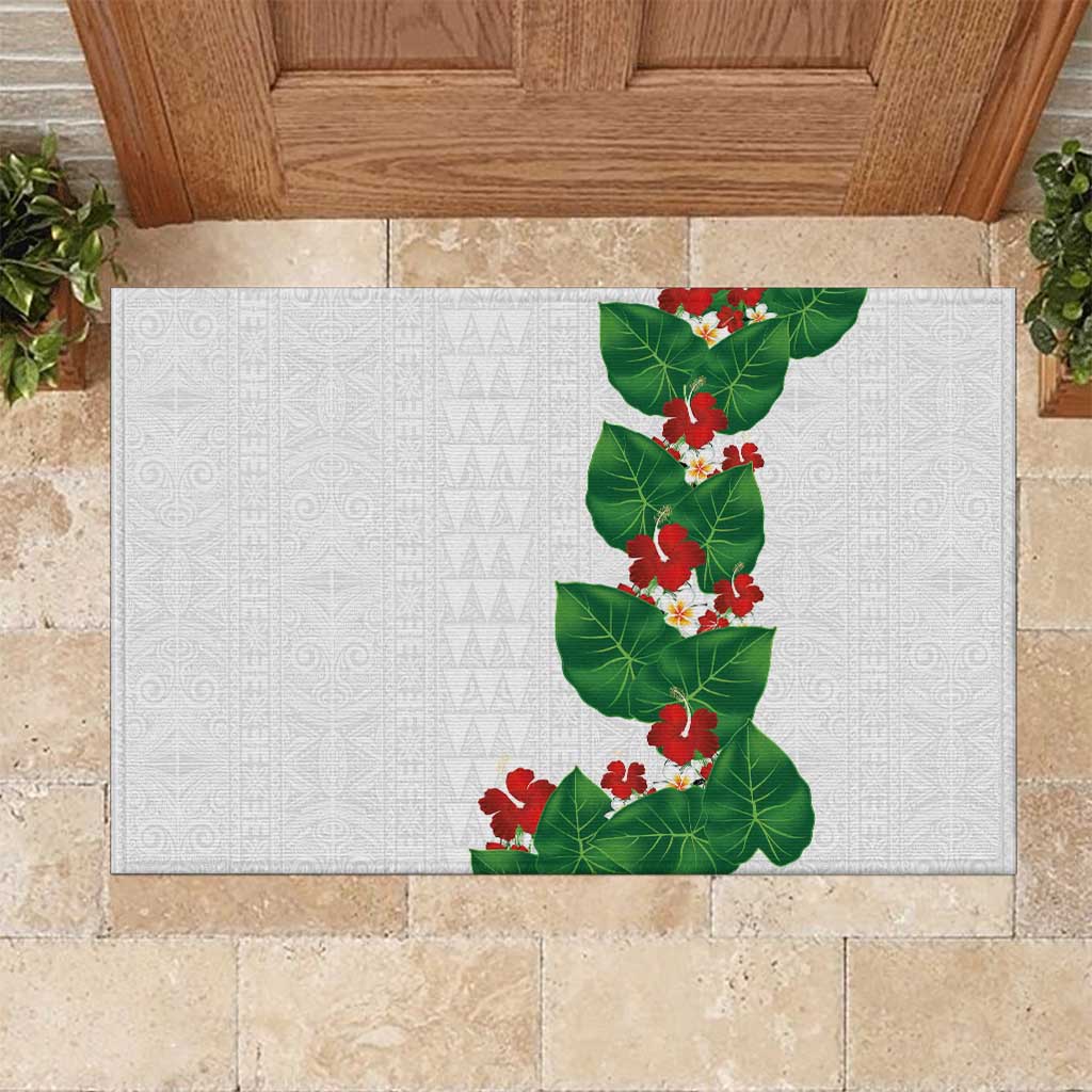 Hawaiian Taro Leaves-Hibiscus and Plumeria Rubber Doormat Polynesian Art-Kakau Tattoo White LT03 White - Polynesian Pride